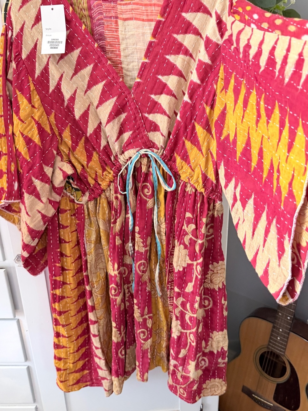 Kantha- Bohemian Drawstring Casual Dress in Pink and Yellow
